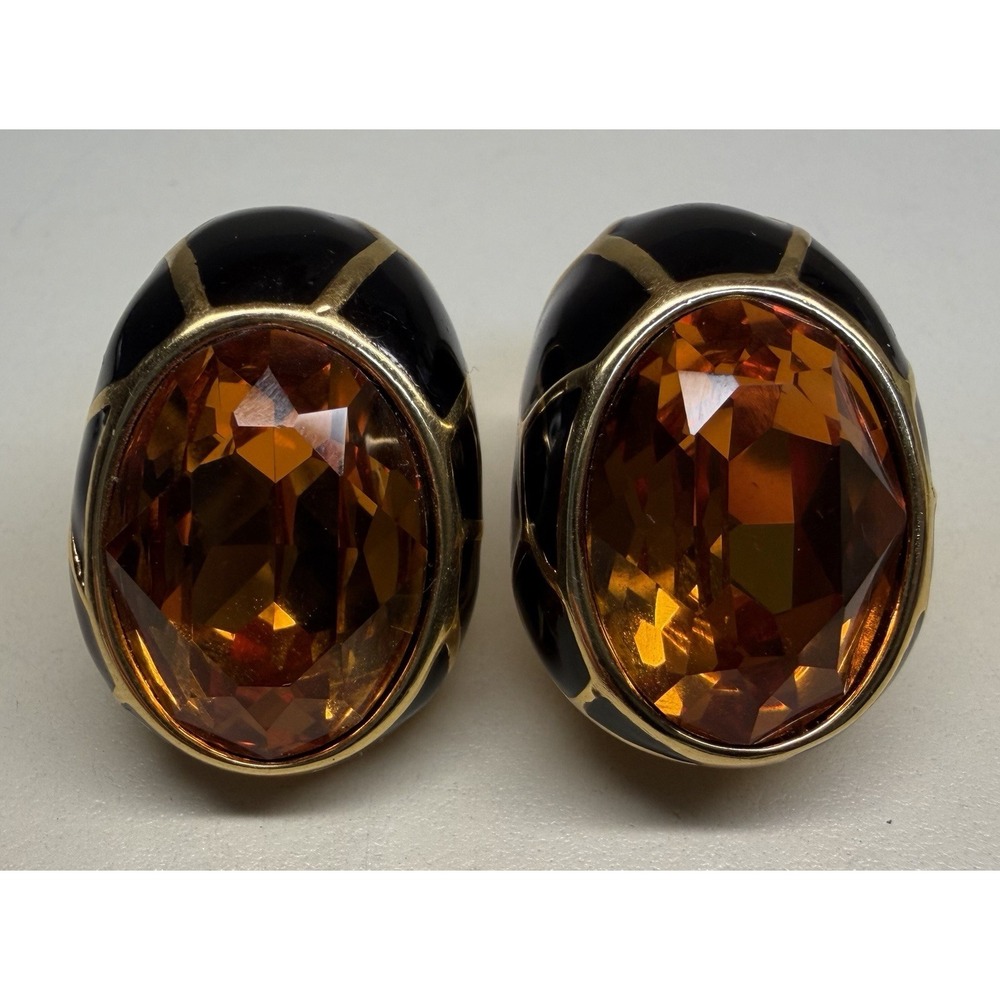 Joan Rivers Black Enamel Amber Crystal Clip-On Earrings Gold Tone 1" Vintage